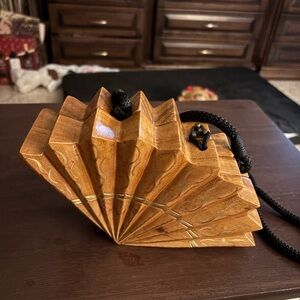 Timmy Woods hand carved wood Fan Purse clutch crossbody
